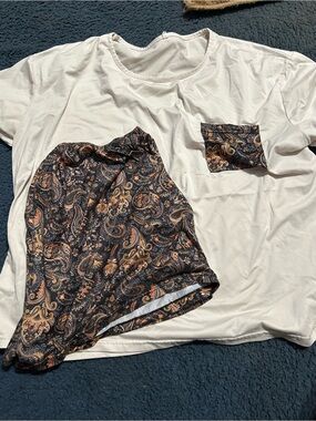Cream Lounge Top with Paisley Pocket & Matching Paisley Shorts